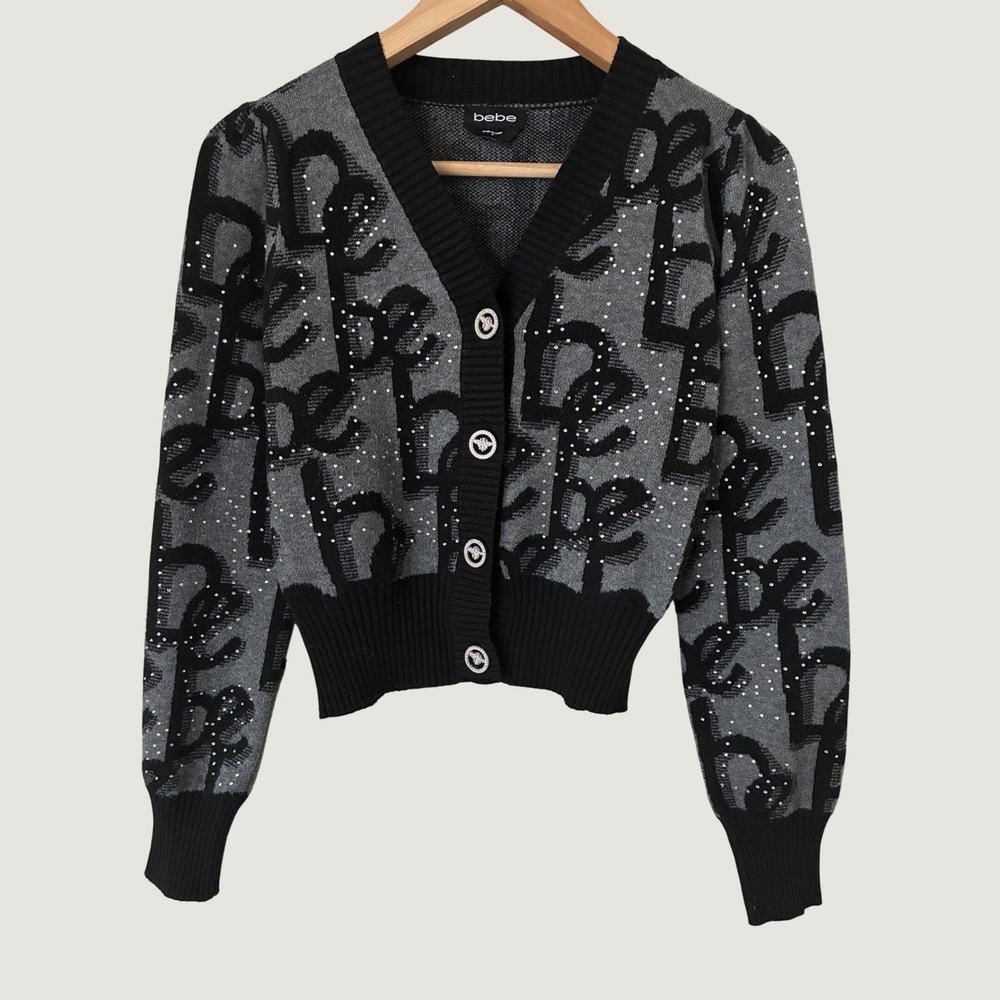 Bebe Rhinestone Logo Cardigan Sweater Grey Black Cropped Grunge Goth M Neutral